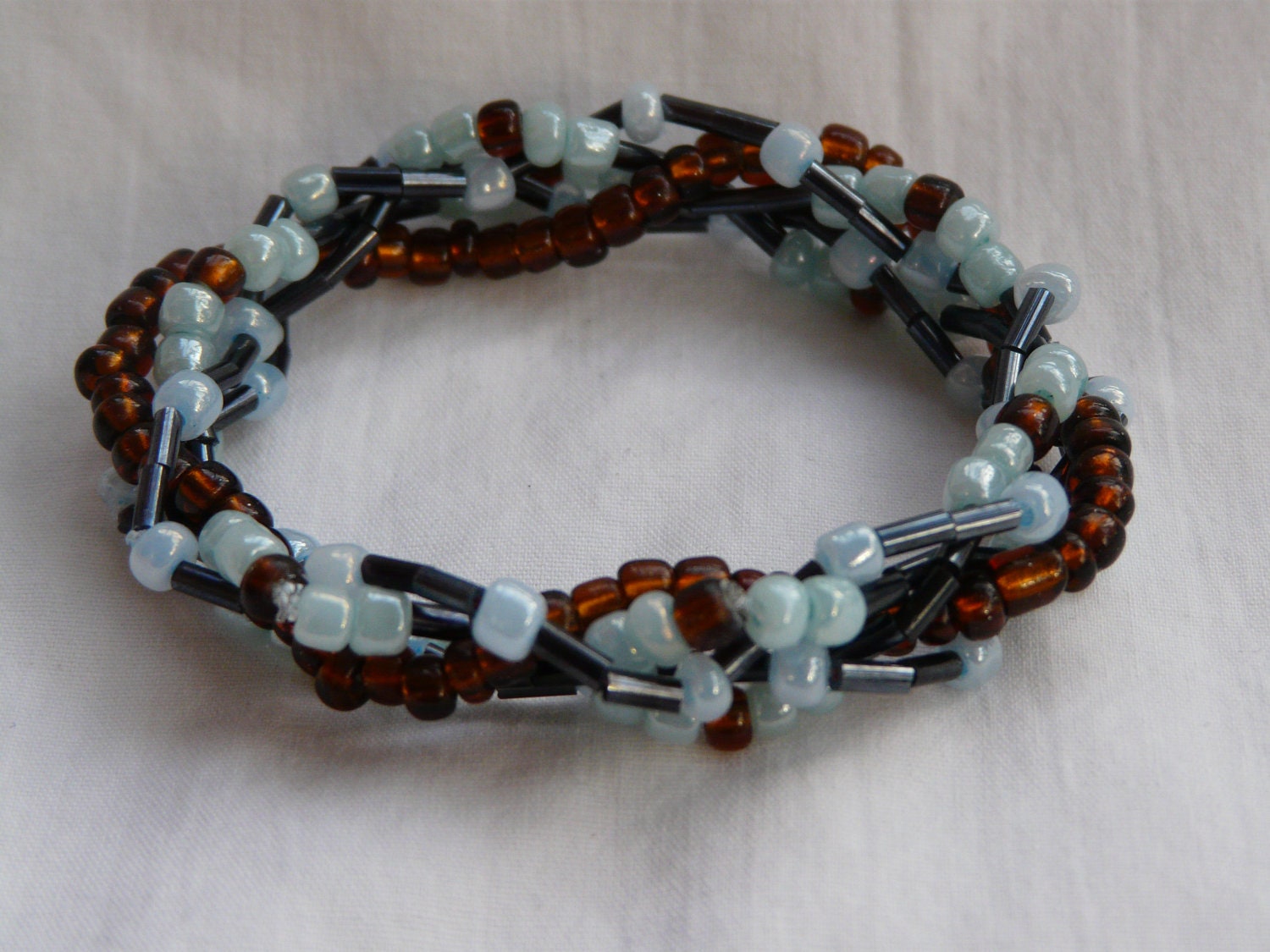 Brown and Blue 5 Strand Beaded Stretch Bracelet - Custom Made to Size