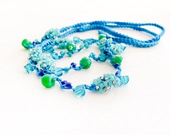 Boho bead crochet headband. Nautical wedding Turquoise green versatile accessories/ necklace/ wrap bracelet. dreamy beach  fashion