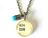 Brass Tulip Casing Robins Egg Blue Drop Dewey Decimal Library Card Necklace