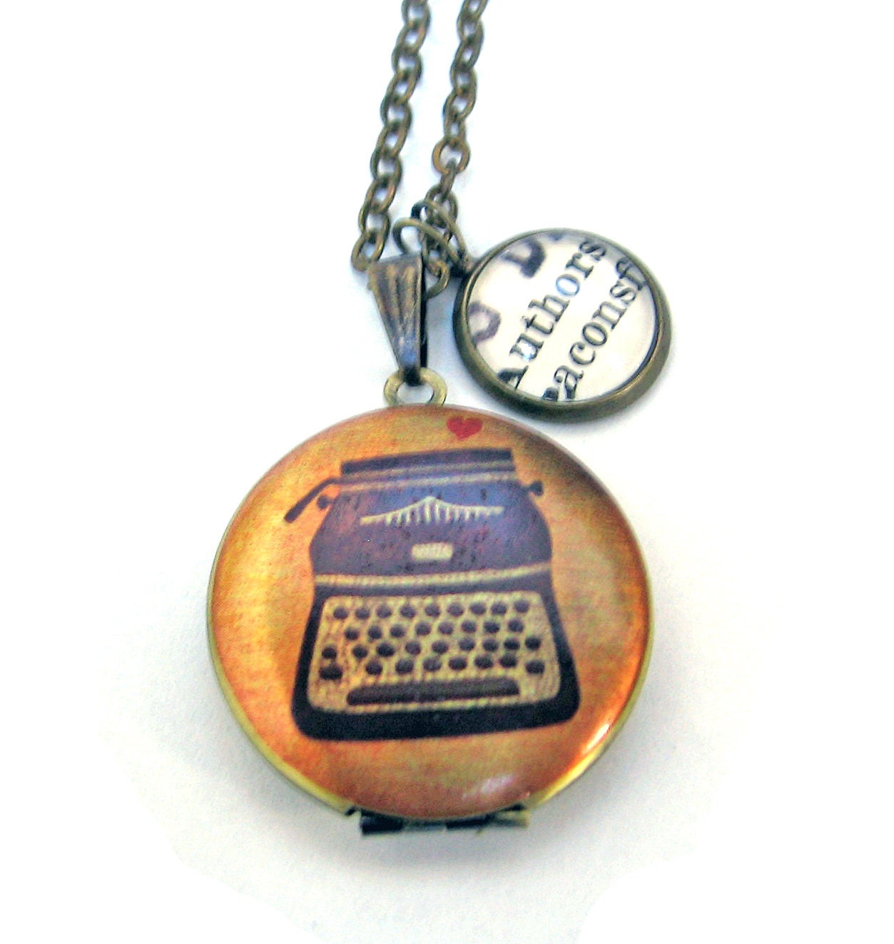 Typewriter Painted Locket Authors Love Writing Word Mini Pendant Brass Setting Library Card Necklace One of a Kind