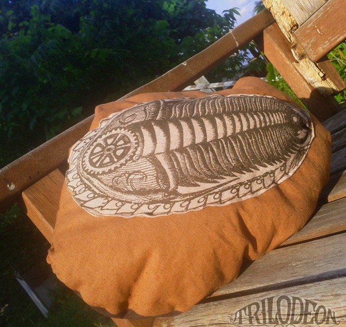 Trilobite Fossil on Rock Pillow- Fantastic Design Silkscreen Soft Sculpture - Bone Cinnamon Chocolate -Steampunk EVOLUTIONARY ART