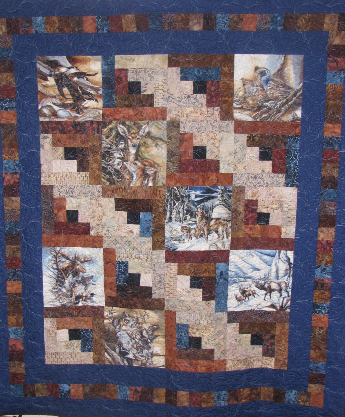 Lap Quilt, Sofa Quilt, Quilted Throw - Log Cabin American Wildlife