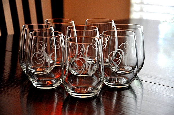 Etched Stemless Wine Glasses Monogrammed Host Hostess Gift (set of 8) AS SEEN ON Live with Kelly & Michael