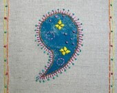 Hand printed and embroidered paisley wall art - OOAK linen art in teal, mint, pink, orange and yellow