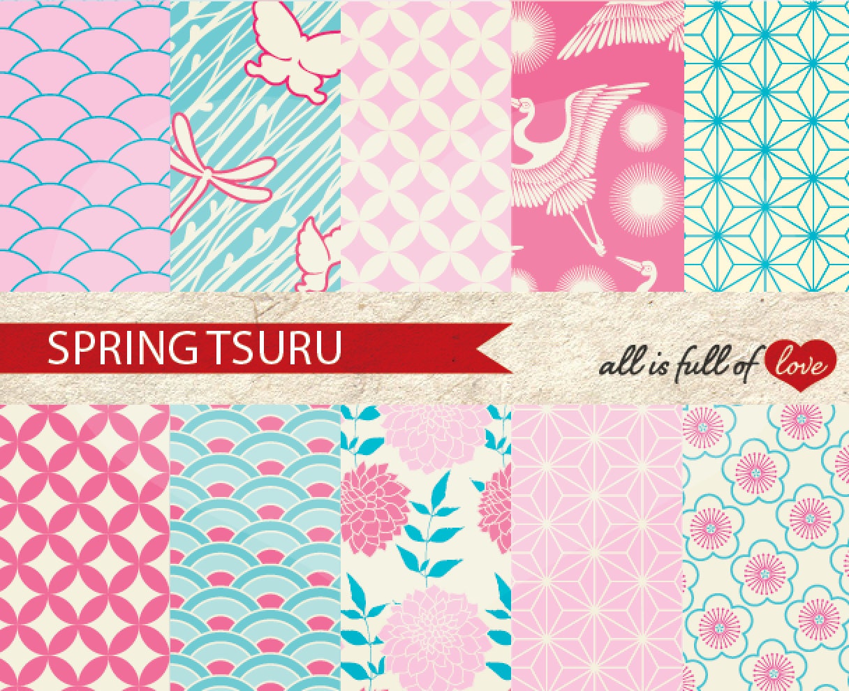 Instant Download JAPANESE Digital Paper Pack Tsuru BLUE & PINK Printable Scrapbooking Backgrounds