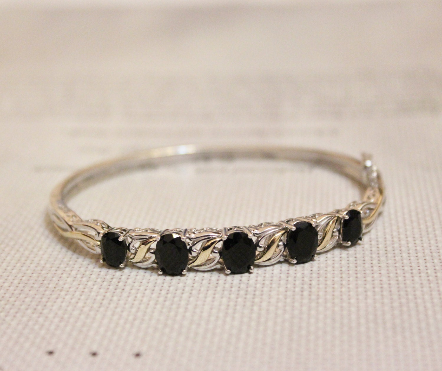 Vintage Sterling Silver 14K Gold Onyx Bracelet, Silver Gold Bracelet, Onyx Bracelet
