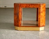 Burled Wood and Brass Side Table with Smoky Glass Top
