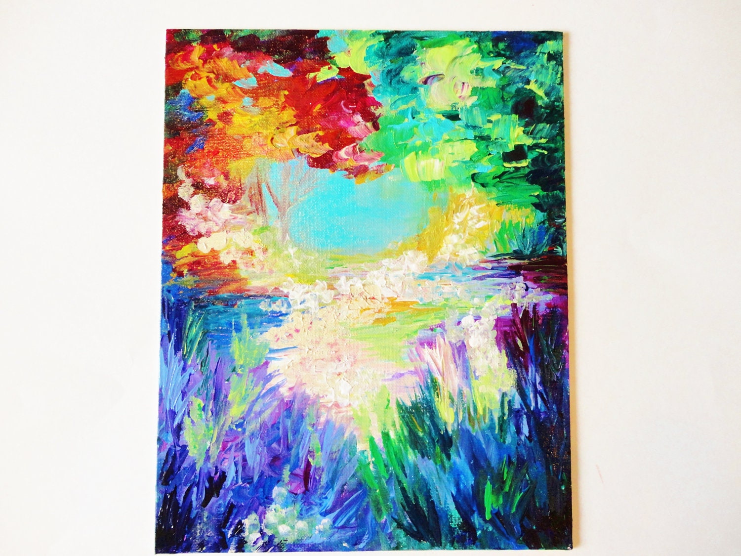 SALE - Abstract Acrylic Idyllic Landscape, 11 x 14 FREE Shipping, Dream Forest, Bold Rainbow Colors, Gift for Him Her Home, Beautiful Art