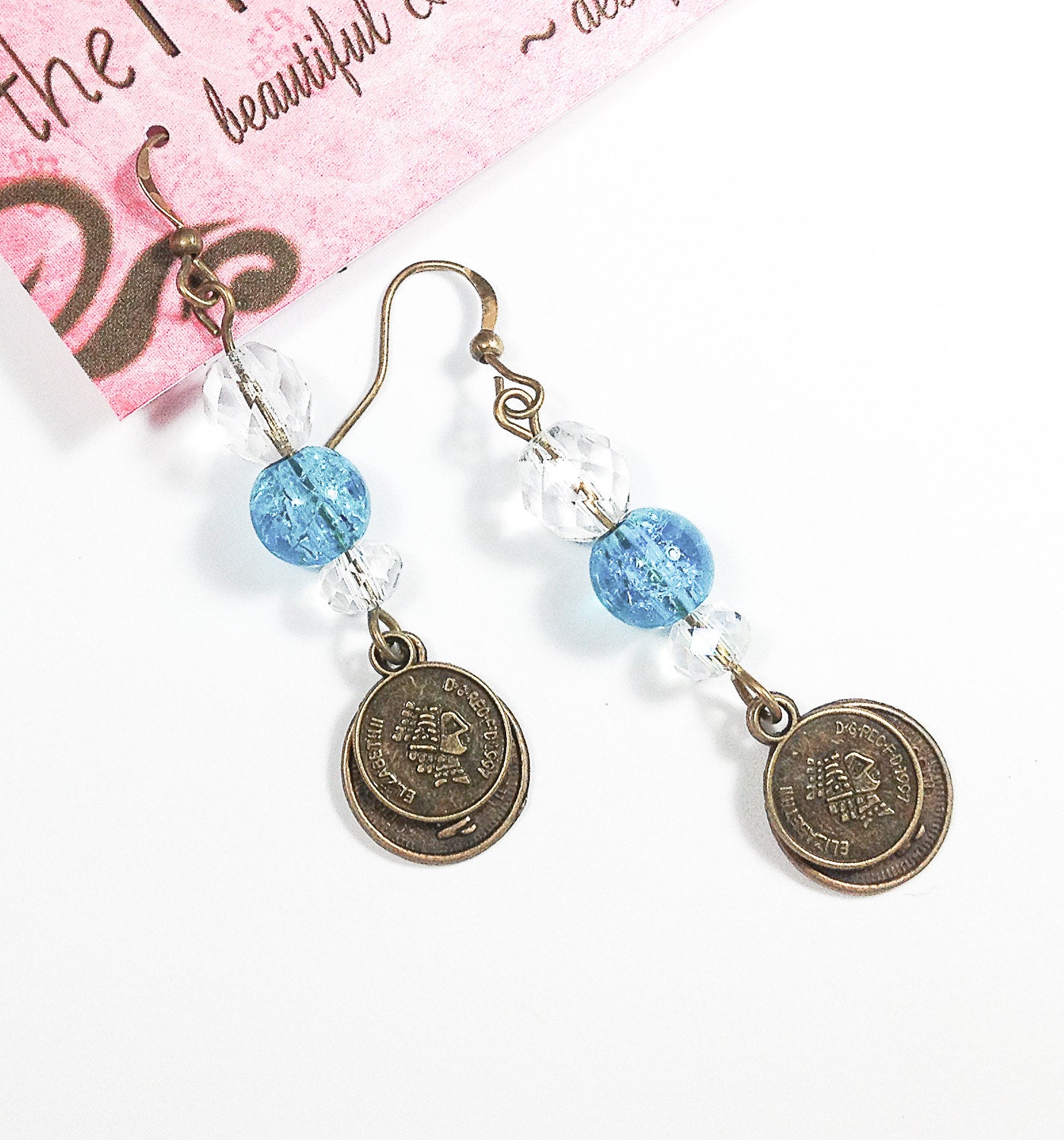 Dangle Earrings with Blue Crackle Glass Beads, Clear Swarovski Crystals & Antique Bronze Coin Charms