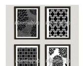 Floral  Black White Grey Vintage / Modern inspired Ikat Art Prints Collection  -Set of (4) - 8x10 Prints -   (UNFRAMED)
