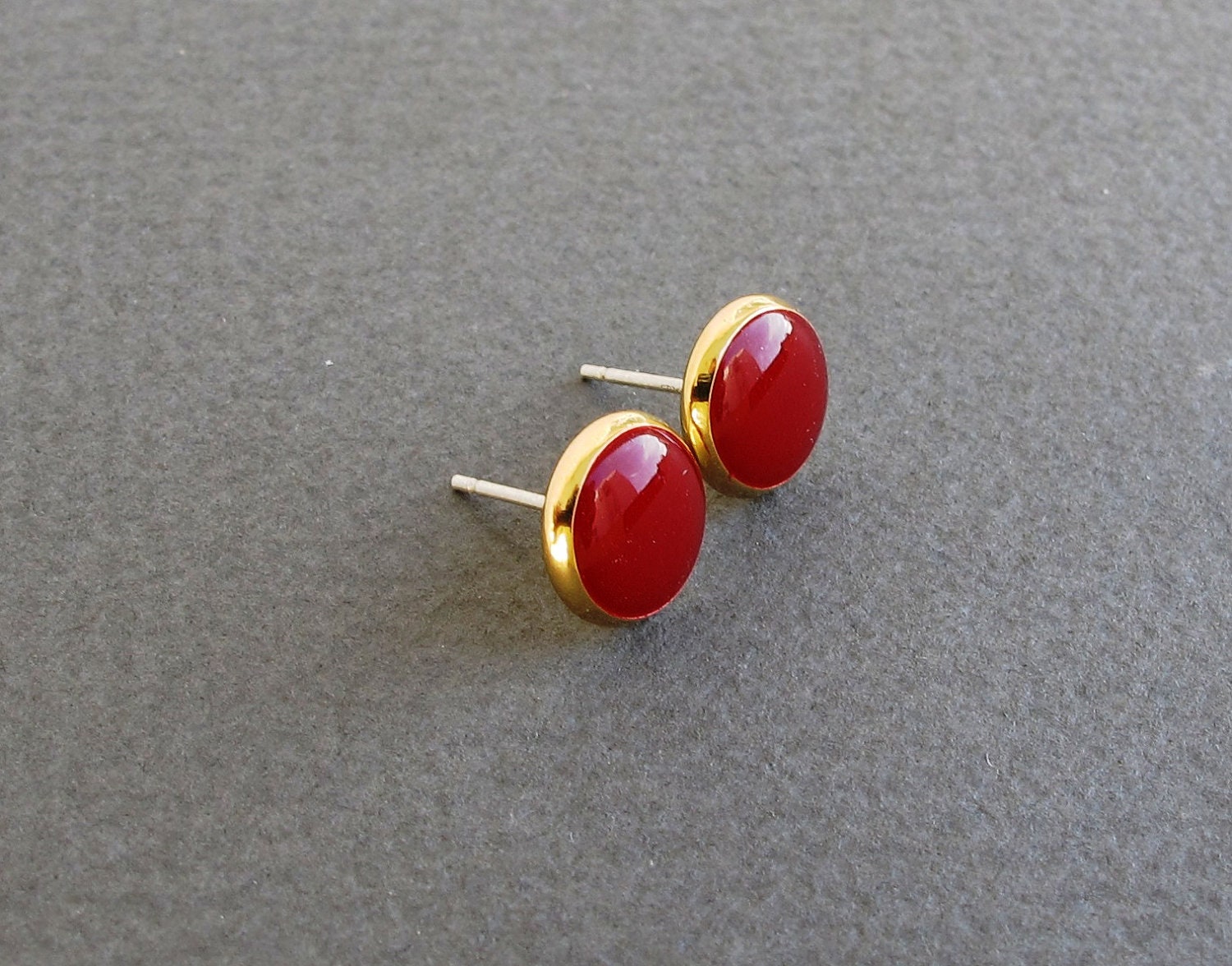 Red stud earrings.Gold 8mm post Earrings red color.Silver sterling posts .Fully handmade.Lowest price.Hign quality