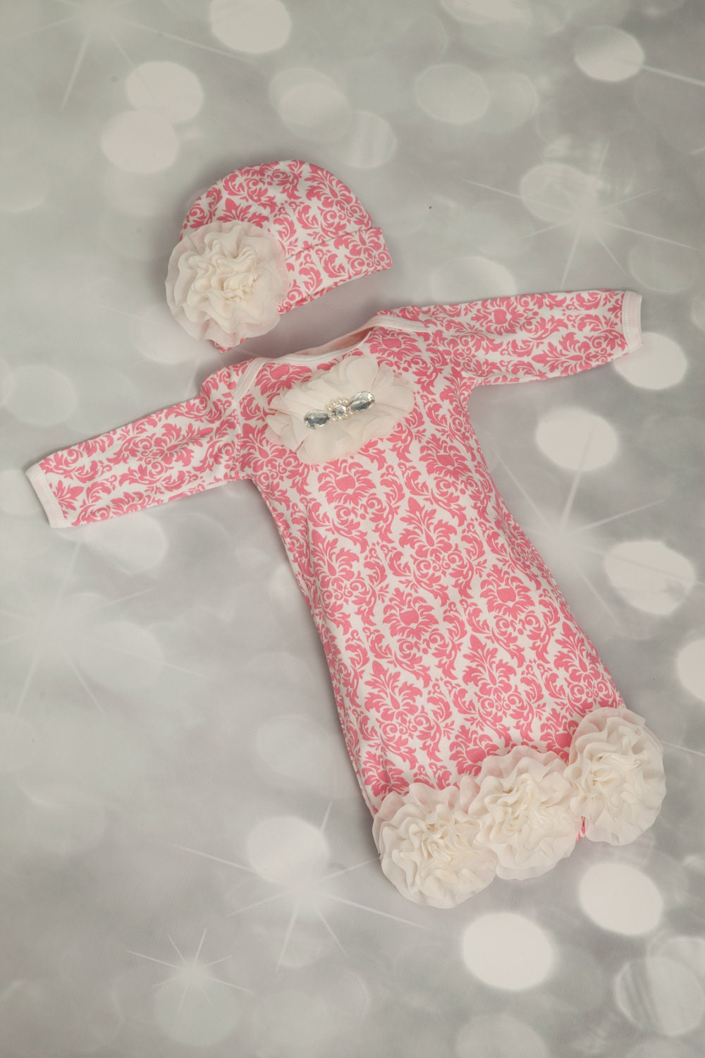 Pink Damask Newborn Layette Cotton Baby Gown with Off White Chiffon Flowers and Rhinestones