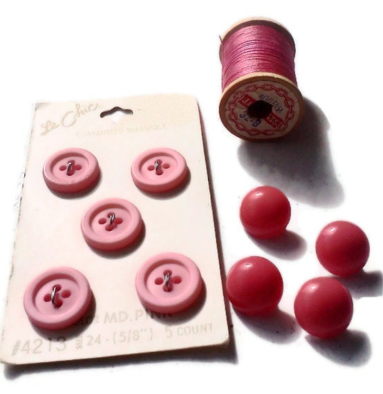 Vintage Pink Buttons and Wood spool thread Sewing Supplies