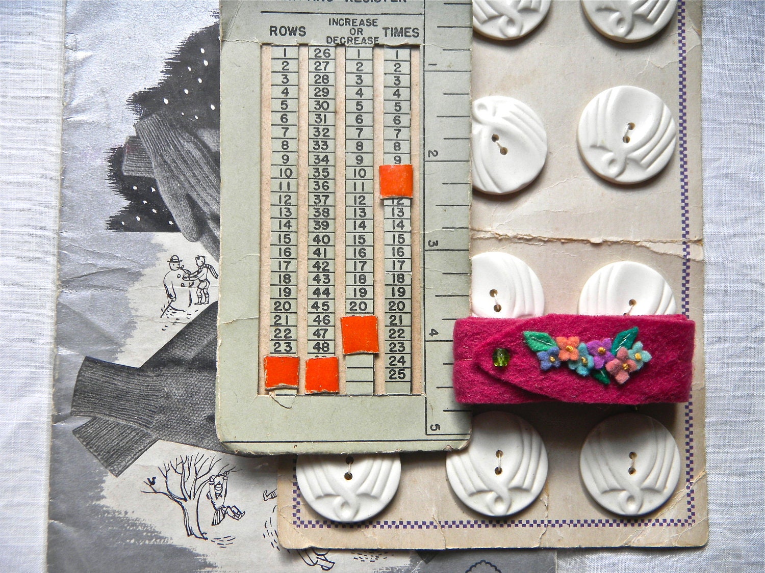 Vintage Sewing and Knitting - Collection of Dressmaker's Supplies - Felt Tape Measure, Vintage Buttons, Knitting Register, Pattern