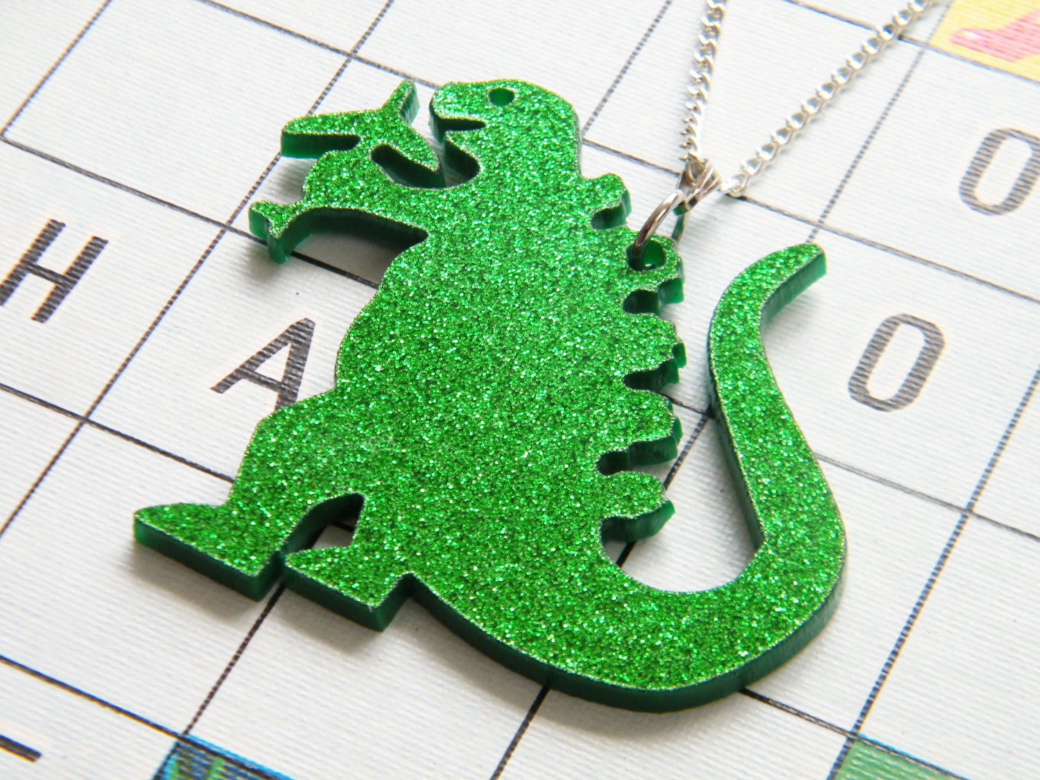 Green Glitter Godzilla Necklace