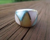 Vintage Silver Ring with Colored Panels of Shell or MOP, Size 6 1/2, Stamped 925