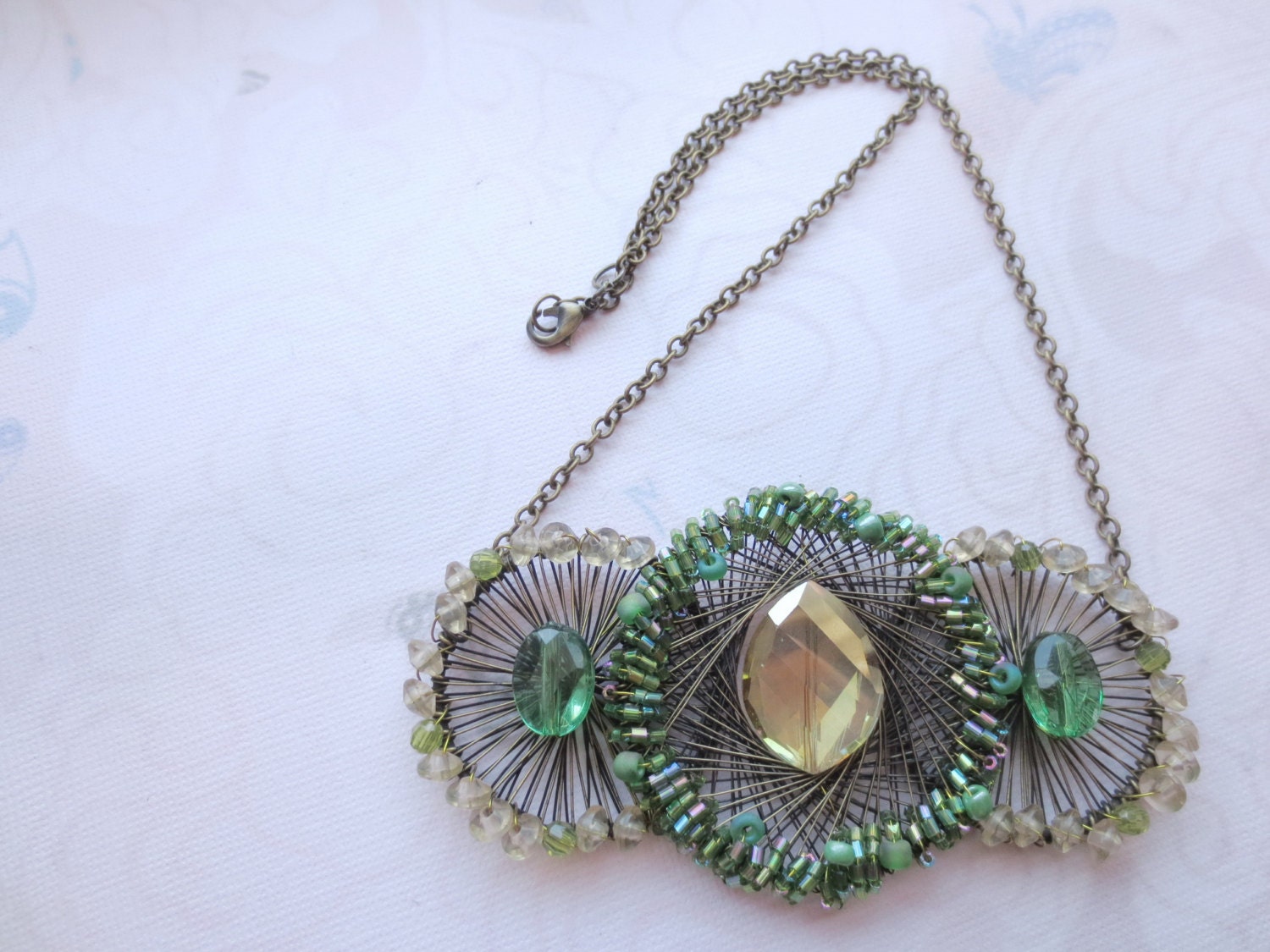 Wire Wrap Beaded Necklace- Green Yellow, Wire Jewelry, Beadwork , Statement Necklace