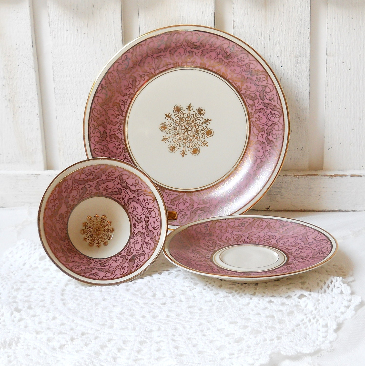 vintage tea cup, tea cup trio set, german porcelain, tea cups, tea trio, german teacup, pink