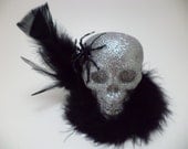 OOAK, Glitter, Skull, Spider, Fascinator, Hair Clip, Rockabilly, Psychobilly, Horror, Goth, Macabre, Kitsch, Pin Up Girl, Black, Feather