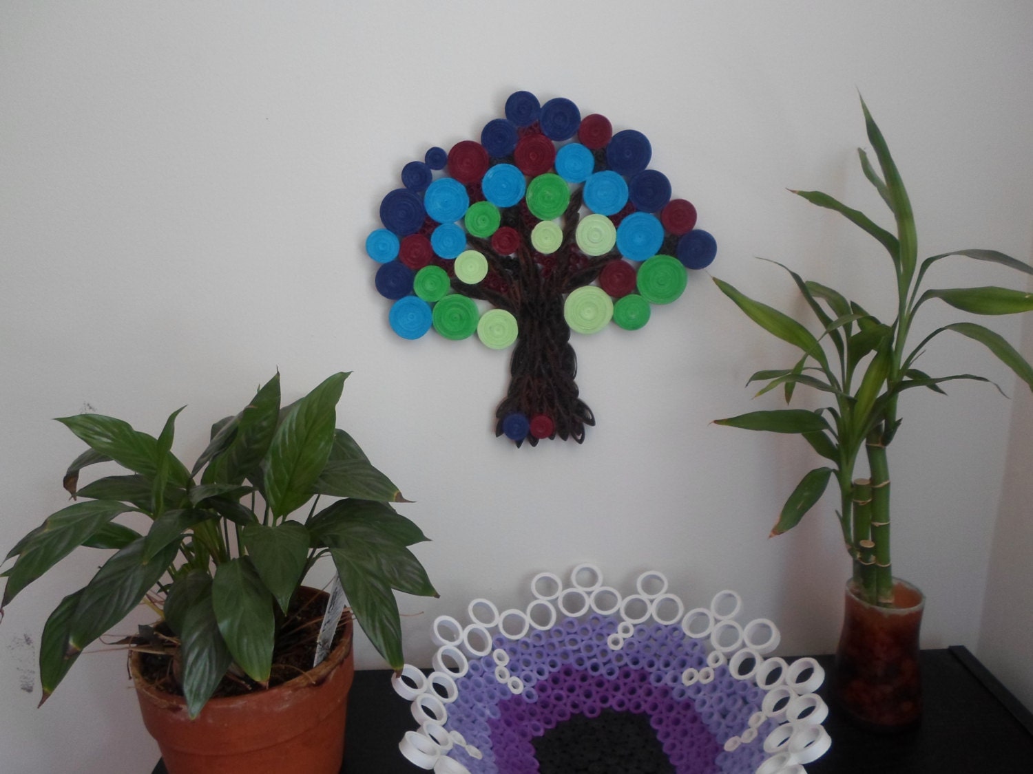 Whimsical tree wall hanging Abstract blue, red, green tree wall decor Paper art