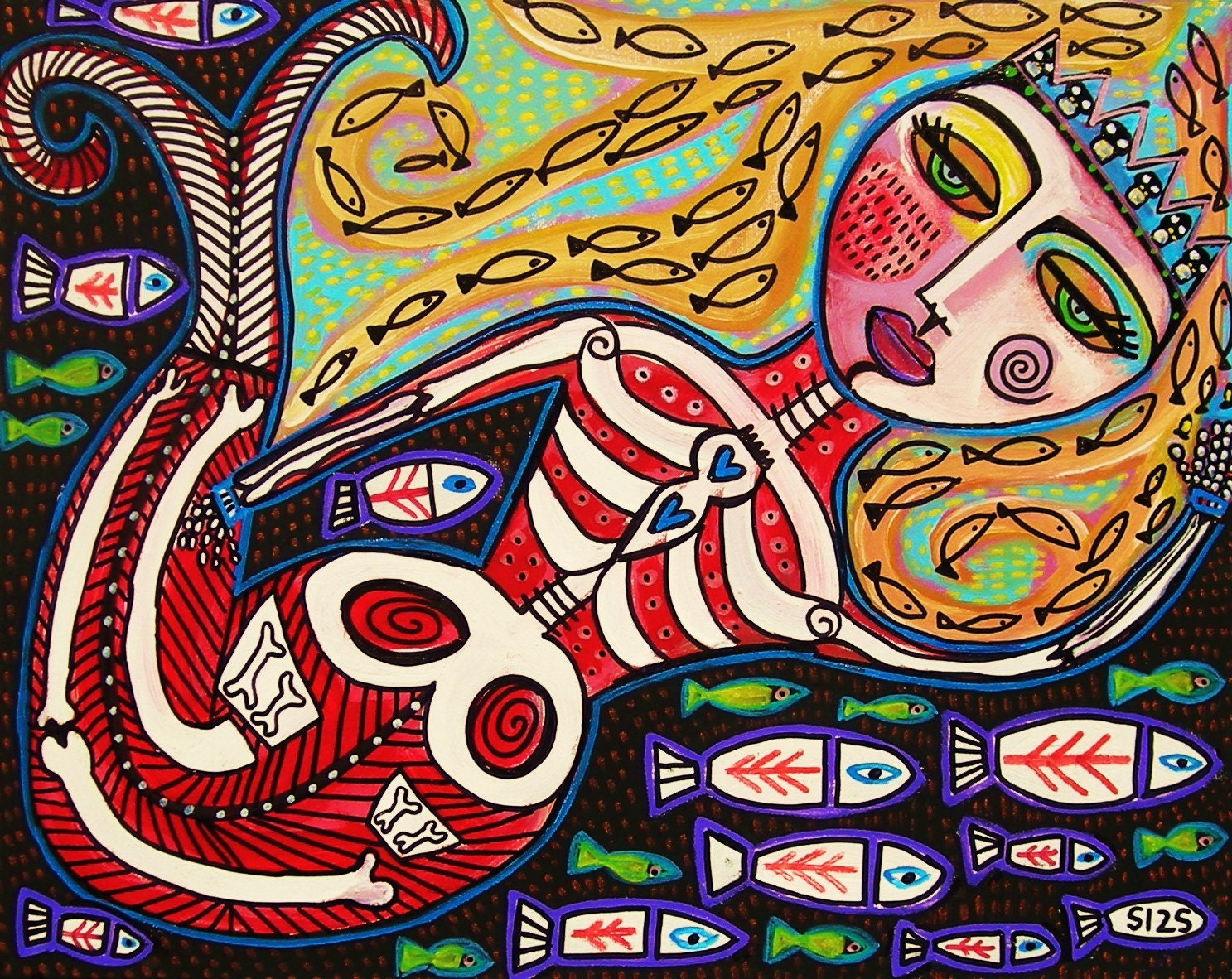 Red Skeleton Mermaid' - SILBERZWEIG ORIGINAL Art PRINT - Mexican, Day Of The Dead, Goddess, Angel Fish, Mermaid, Skull