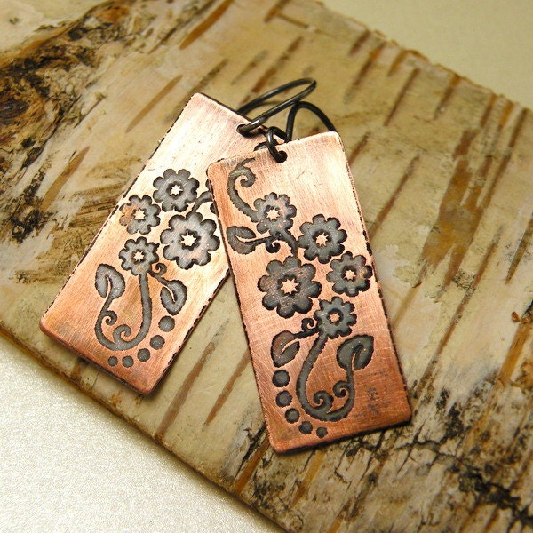 Etched Copper  - rustic earrings, flowers ornament, metalwork