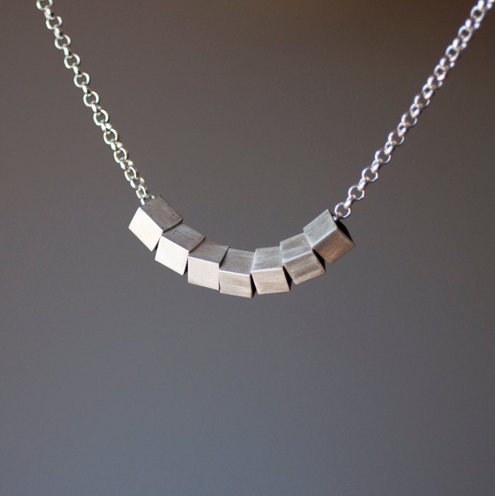 Sterling silver geometric necklace -  7 cubes on belcher chain