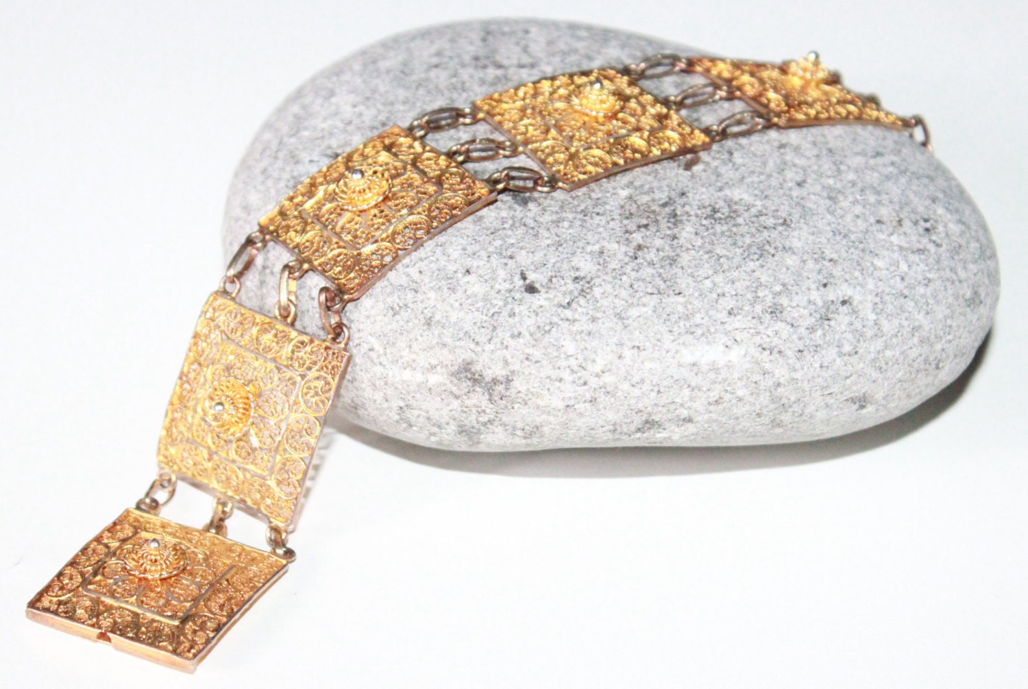 Beautiful Art Deco Antique 18K Vermeil Filigree Panel Bracelet
