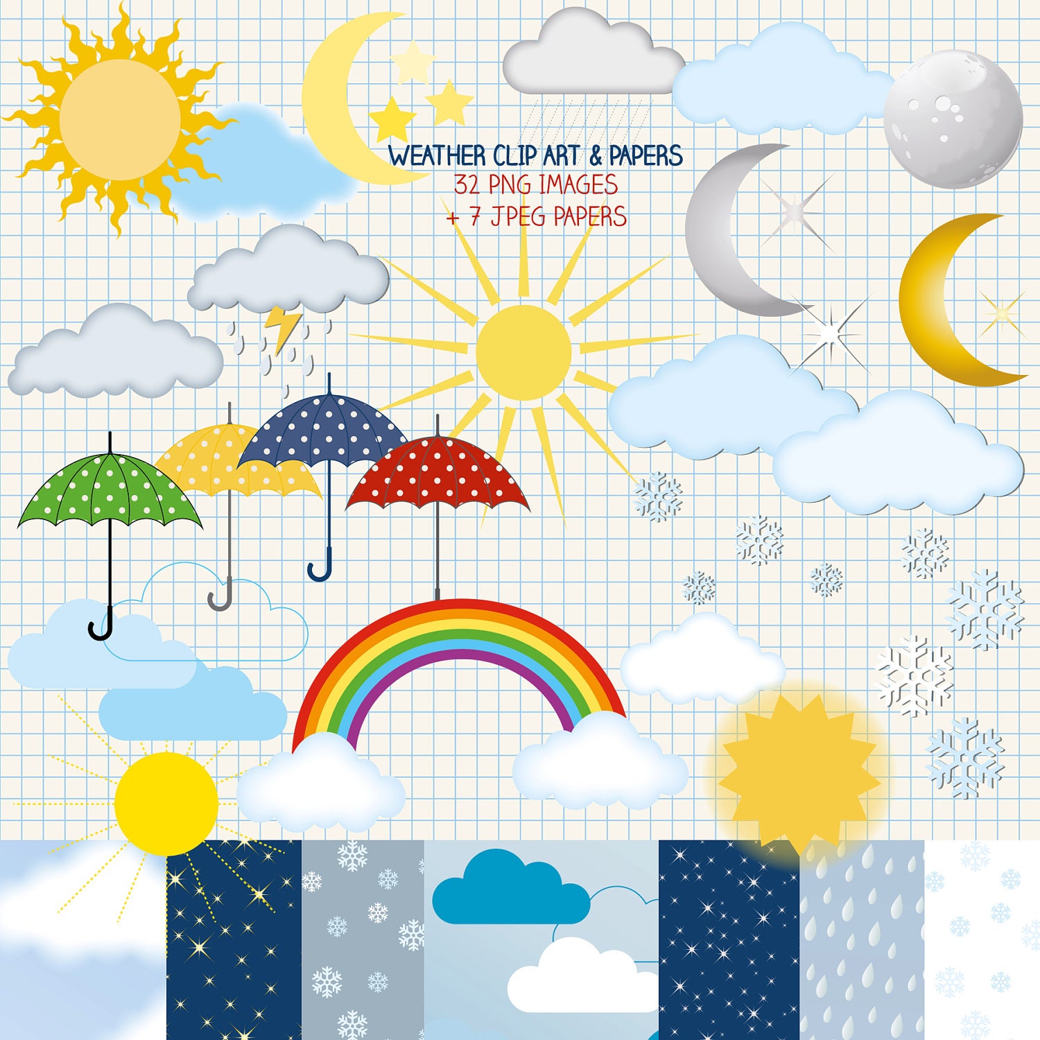 INSTANT DOWNLOAD Weather  Clip Art and digital scrapbooking paper pack- printable Sun, Moon, Clouds, Rain, Rainbow, Umbrella, Snow