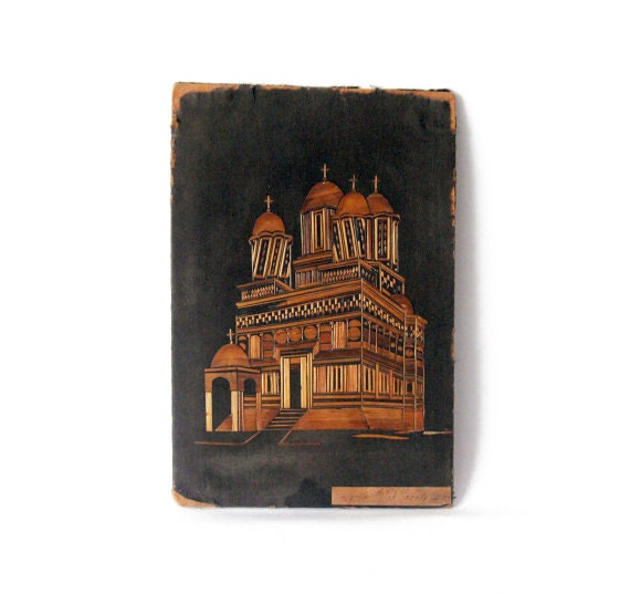 Rare Gorgeous Straw Art - Painting made of glued straws - gold and black vintage mixed media art - cathedral Monastery painting