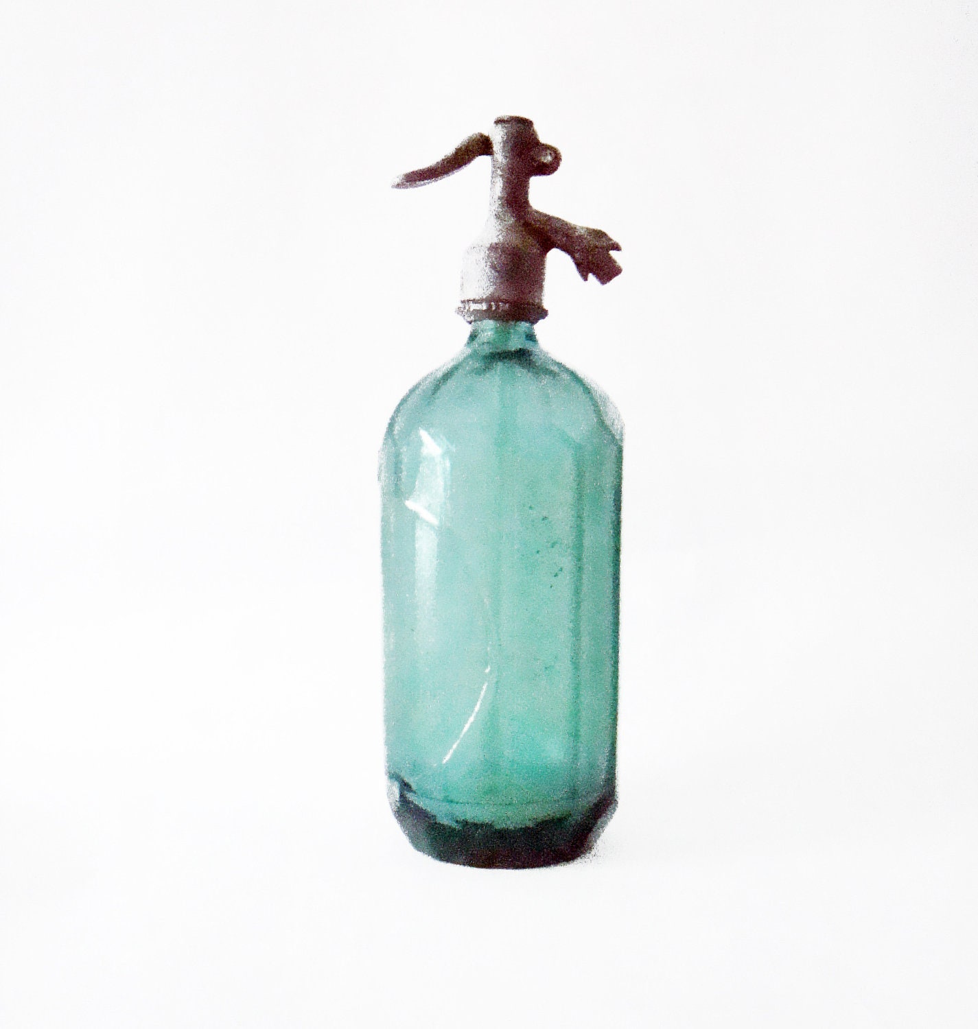 Vintage Green Seltzer Bottle - Romanian vintage bottle with aluminium top - industrial decor, shabby chic