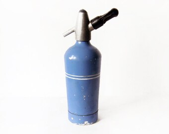 Vintage Blue Seltzer Bottle - European Vintage  Aluminium Soda Water Bottle - blue and white