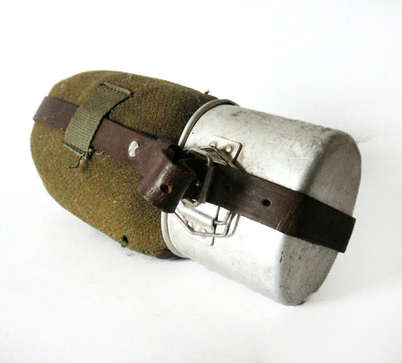 Army Aluminium Bottle with Aluminium cup - leather brown strap and khaki green textile protection Vintage Canteen, military flask
