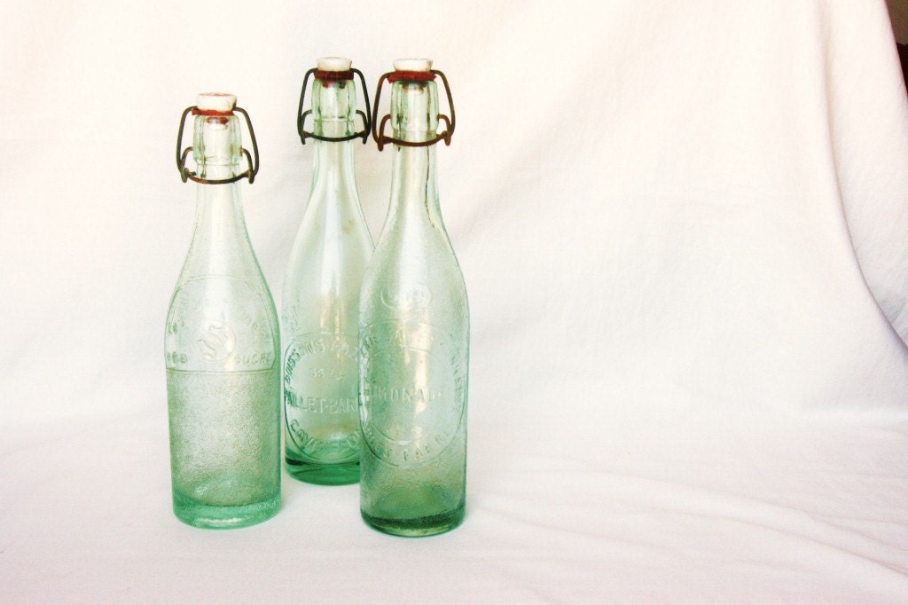 French country kitchen blue green glass bottle, summer picnic, 1 vintage soda bottle, retro kitchen, lemonade, French picnic, water carafe
