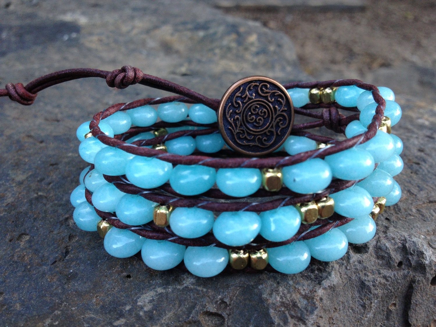 Brazilian Amazonite and Gold Nugget Beaded Brown Leather Gemstone Triple Wrap Bracelet