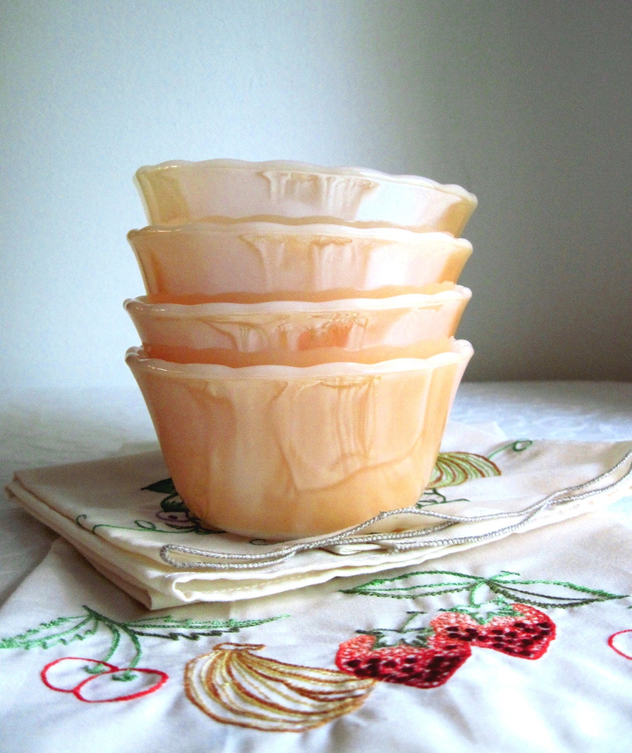Fire King Peach Lusterware Custard Bowls, Set of Four
