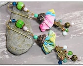fabric flower Earrings-filigree metal leaf and bead earrings-Czech bead green,pink,mauve and turquoise-