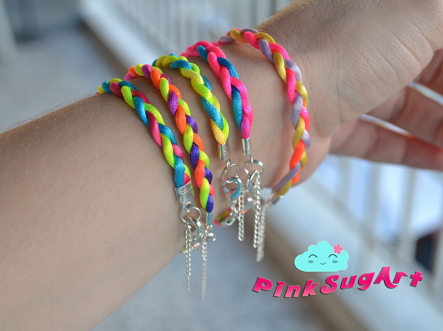 Set of 5 - Neon Braided Satin Cord Summer Bracelets - Handmade by PinkSugArt