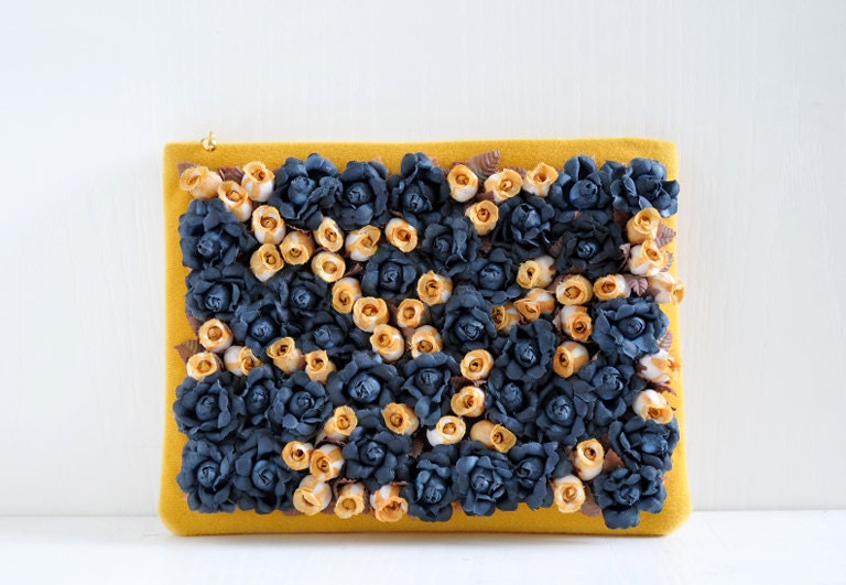Blue Roses Field Clutch, flower purse, mustard yellow handbag