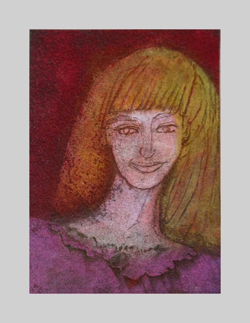 Fashion Illustration, TEXTURED ACEO PAINTING, woman art, orange red yellow pink, blond girl,  Miniature Art by Teofana
