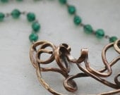One of a Kind Emerald Green Bead Twisted Brass Necklace