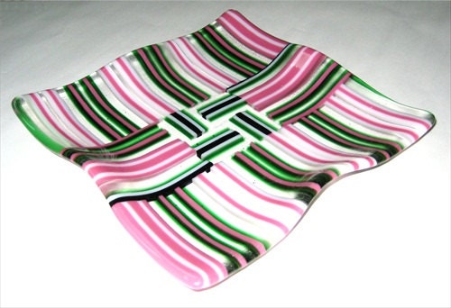 Fused Glass Plate, Green and Pink