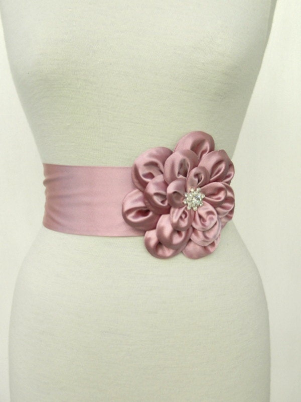 Pastel pink silk satin flower wedding dress  belt