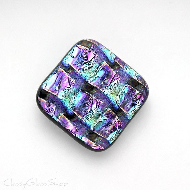 Dichroic Glass Pendant Cabochon in Textured Aqua, Blue, Purple, and Black
