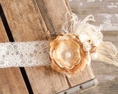 Stunning Gold, Cream and Ivory Handmade Flower Headband or clip with Silk Bow, Rosettes, Lace, Crystals,  and Ostrich Peacock Feathers