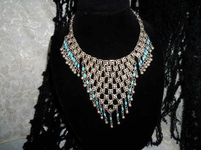BELL NECKLACE BIB Egyptian Revival Bellydancer Bollywood Style Vintage Silver Large Heavy Necklace