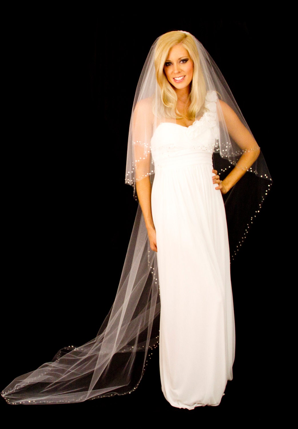 Wedding Veil with Crystal Edge, 2 Tier Chapel Length Bridal Veil (90 inches), Over 1000 Crystals, White or Ivory, Style 1020, Made to Order