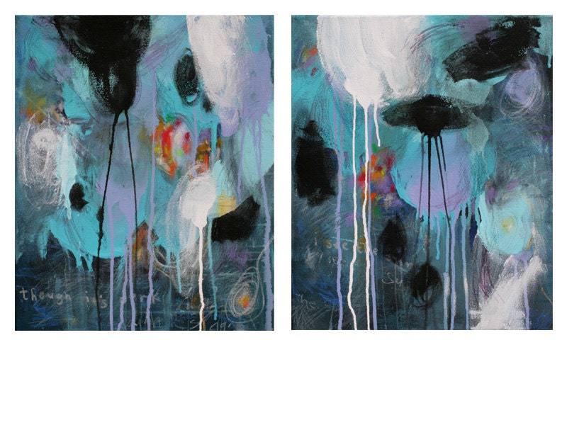 Contemporary Modern Abstract Diptych Mixed Media Painting Art Turquoise Teal Purple by JUURI 16 x 20 .5"