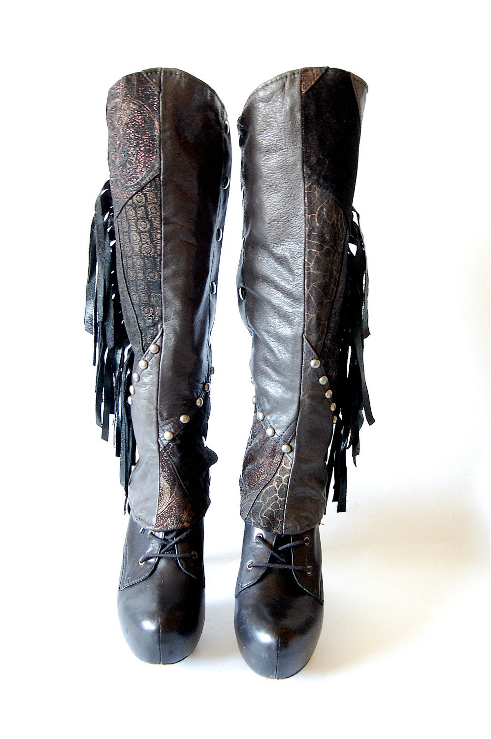 Boho Rocker spats upcycled leather fringe patchwork steampunk studded indie
