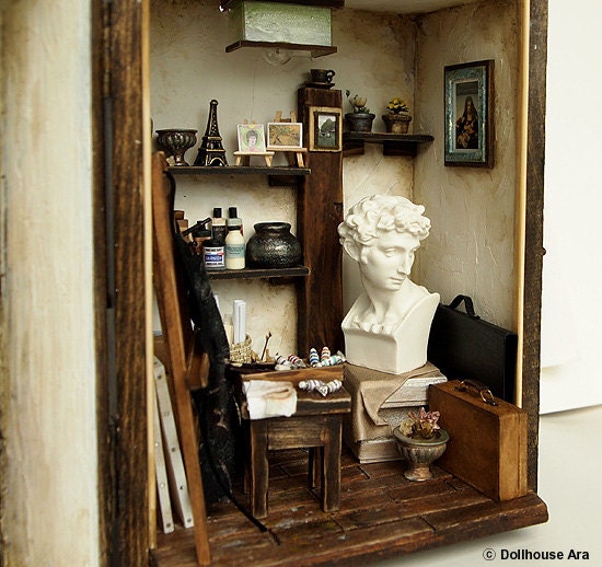 The small studio -The space of art creation- handmade Dollhouse Miniatures